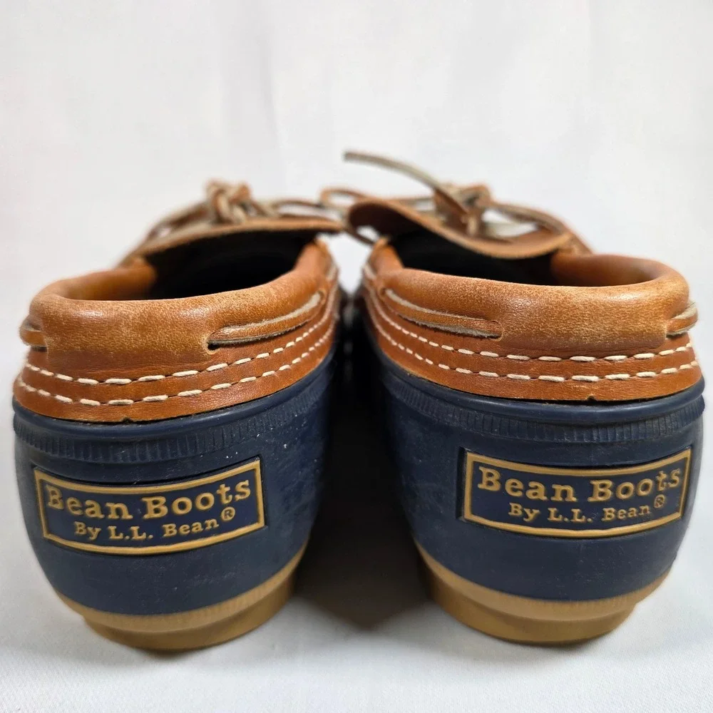 LL Bean Bean Boot Mens 8 Navy Blue Tan Leather Rubber Moc Duck Boots Made in USA